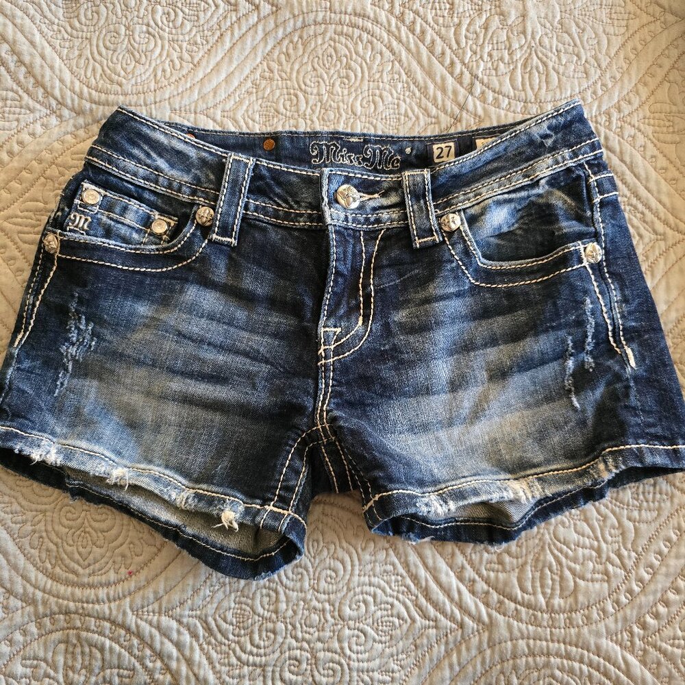 Miss Me Distressed Dark Blue Jean Shorts